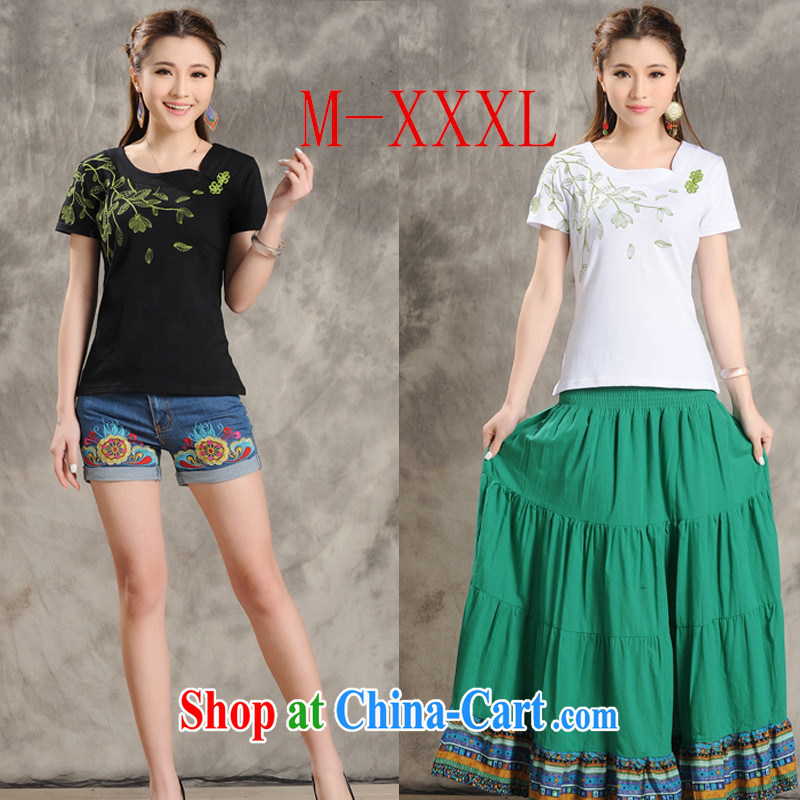 Black butterfly MX 9205 National wind women summer new embroidered not rules for cultivating a short-sleeved shirt T white 3XL