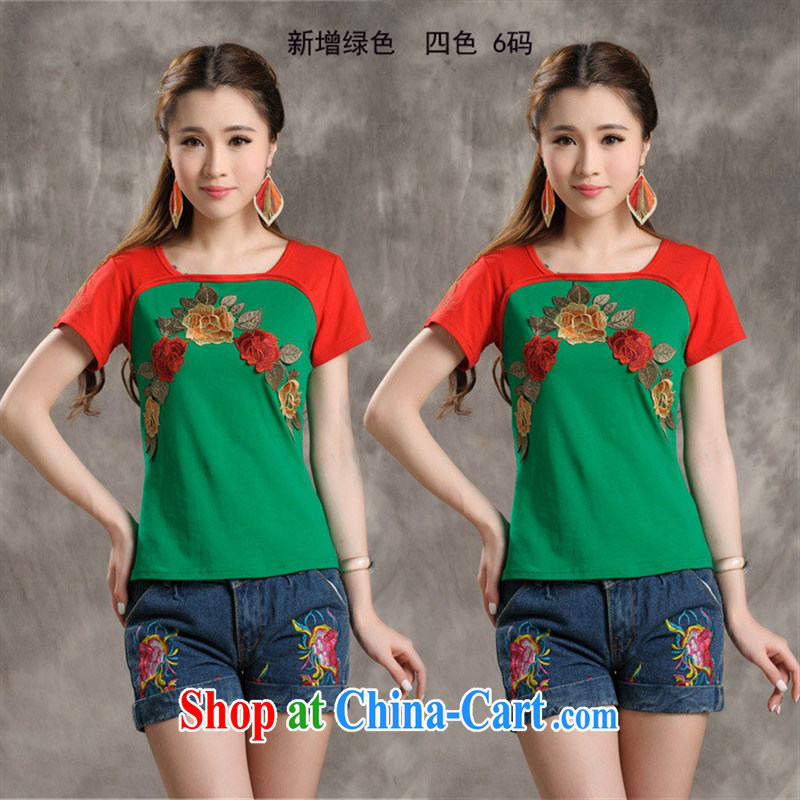 Black butterfly W 8228 National wind women summer new front and rear embroidered spell-cultivating short-sleeved cotton shirt T green 4 XL, A . J . BB, shopping on the Internet