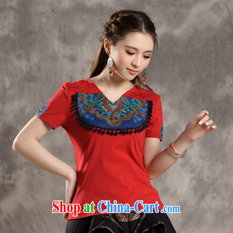 Black butterfly Y 7301 National wind girls Summer Load New spell-color on the embroidery cultivating short-sleeved cotton shirt T red 4 XL, A . J . BB, shopping on the Internet