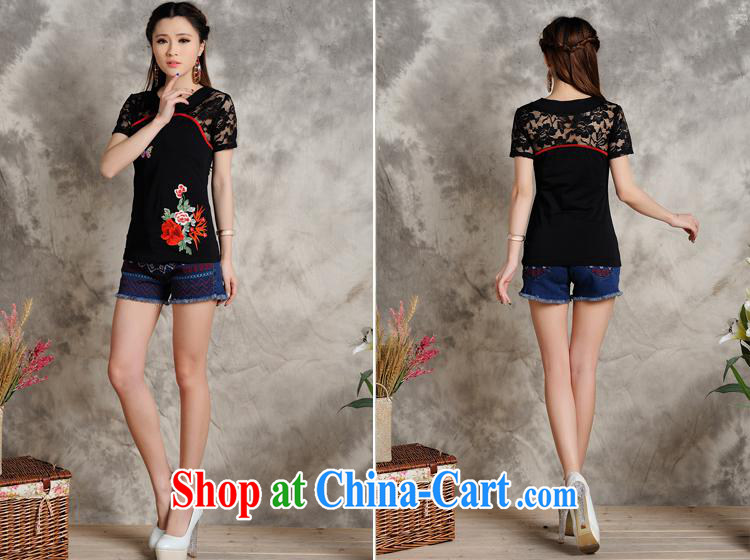 Black butterfly S 098 Ethnic Wind female summer new, for embroidery lace stitching cultivating short-sleeve shirt T black 2XL pictures, price, brand platters! Elections are good character, the national distribution, so why buy now enjoy more preferential! Health
