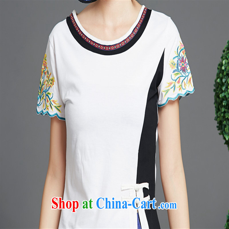 Black butterfly NF 1513 National wind women spring/summer embroidery, stitching, the forklift truck cultivating short-sleeved cotton shirt T Po blue XXL, A . J . BB, shopping on the Internet