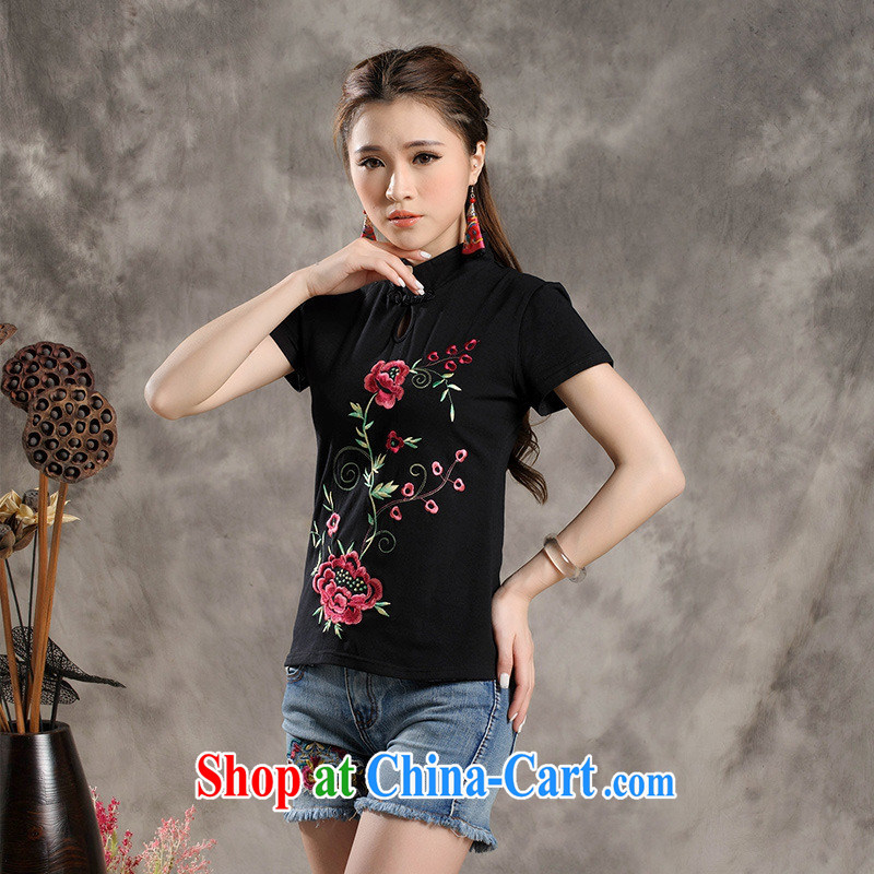 Black butterfly Y 7308 National wind women new summer embroidery, the buckle, for cultivating short-sleeved cotton shirt T white M, A . J . BB, shopping on the Internet