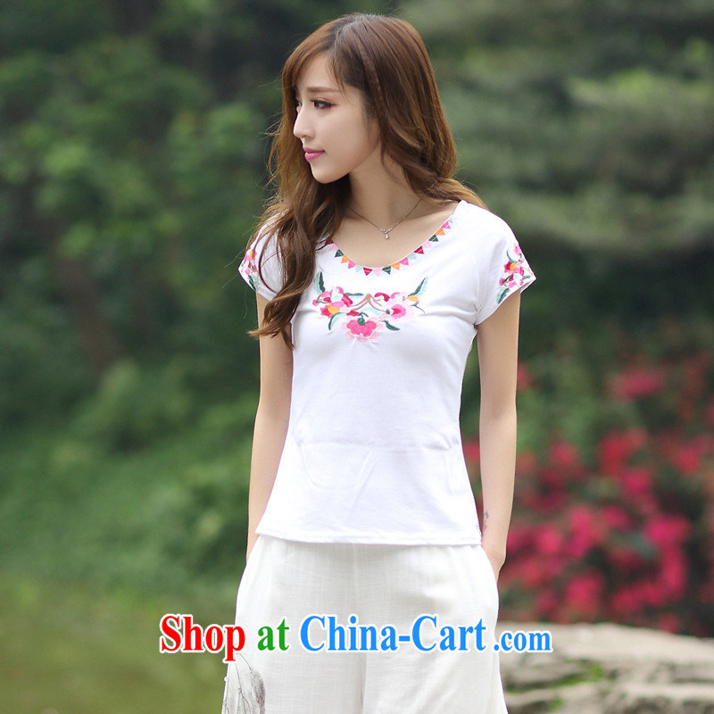 Black butterfly XC 8127 National wind women, summer round-collar short-sleeve embroidered cotton casual shirt T white 2XL, A . J . BB, and shopping on the Internet