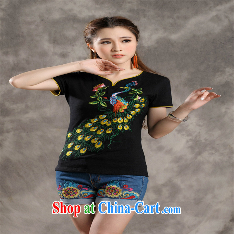 Black butterfly X 3508 National wind women summer new Peacock embroidery small V for cultivating short-sleeve cotton shirt T white 4XL, A . J . BB, shopping on the Internet