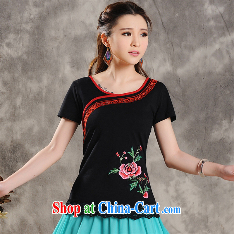Black butterfly ZA 8631 National wind women spring and summer new embroidery hook spent before the code short-sleeve T-shirt black 4XL, A . J . BB, shopping on the Internet