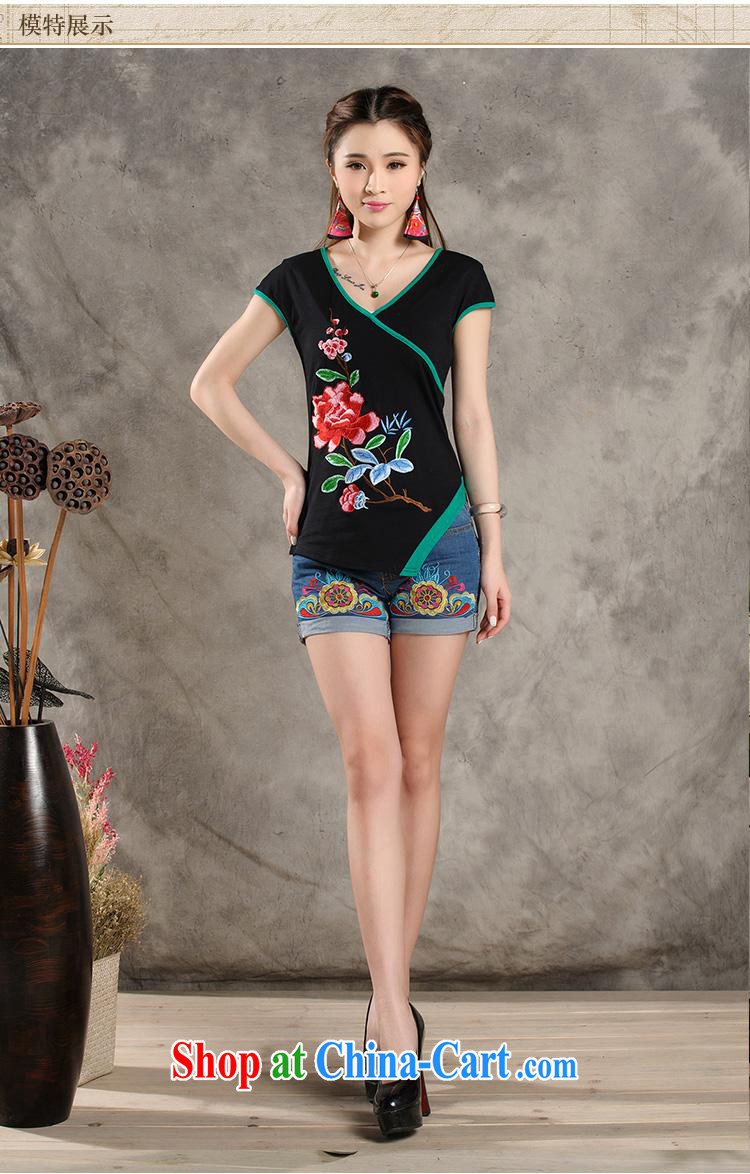 Black butterfly Y 7318 National wind women summer new V for spell-color embroidered asymmetric with short-sleeved cotton shirt T green 4 XL pictures, price, brand platters! Elections are good character, the national distribution, so why buy now enjoy more preferential! Health
