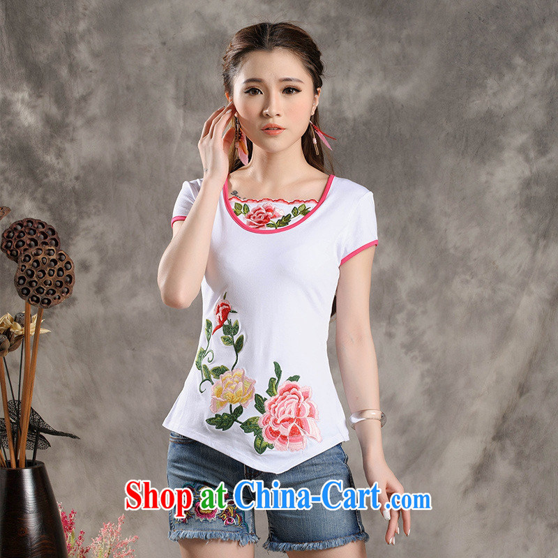 Black butterfly Y 7305 National wind Women's collar Embroidery is not rules, with a short-sleeved cotton cultivation T shirt white blue 4 XL, A . J . BB, shopping on the Internet