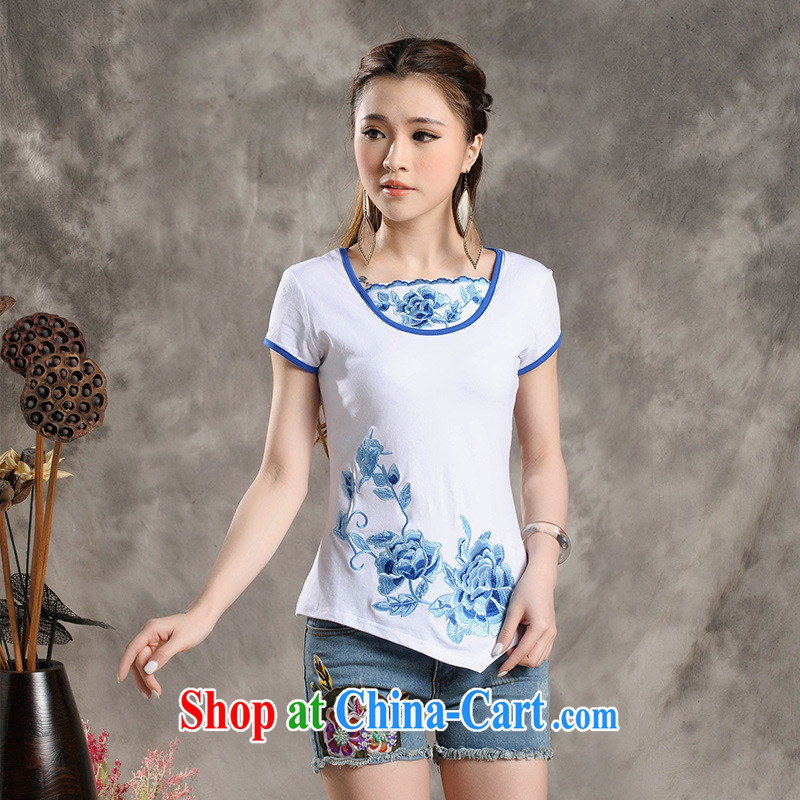 Black butterfly Y 7305 National wind Women's collar Embroidery is not rules, with a short-sleeved cotton cultivation T shirt white blue 4 XL, A . J . BB, shopping on the Internet