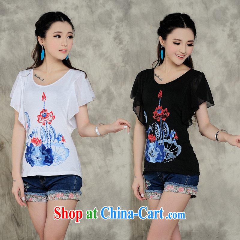 Black butterfly S 110 Ethnic Wind female summer new flouncing embroidered snow-woven fly cuff short-sleeved cotton shirt T white 4XL
