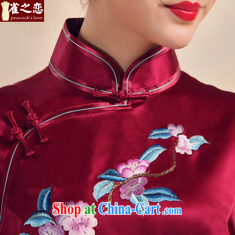 Birds love 2015 summer new manual embroidery improved stylish heavy silk long cheongsam red XXL, birds love, and shopping on the Internet