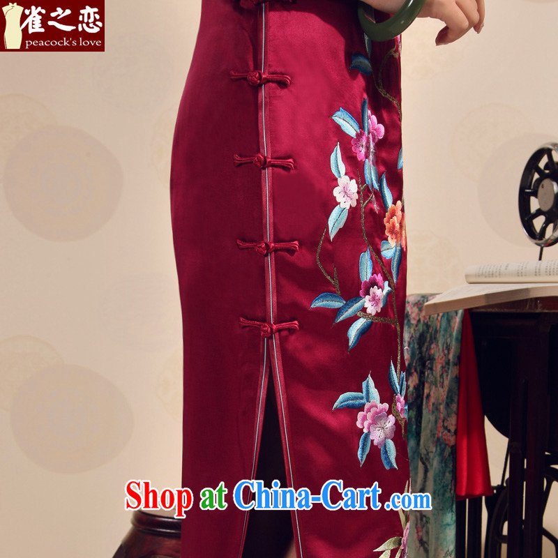 Birds love 2015 summer new manual embroidery improved stylish heavy silk long cheongsam red XXL, birds love, and shopping on the Internet