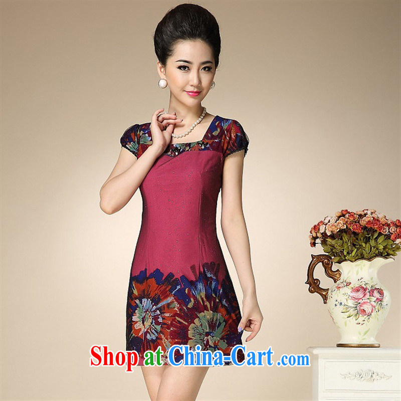 Ya-ting store 2015 new middle-aged and older women wear summer short-sleeved Stamp Set skirt mother load dresses red XXXL, blue rain bow, and, on-line shopping