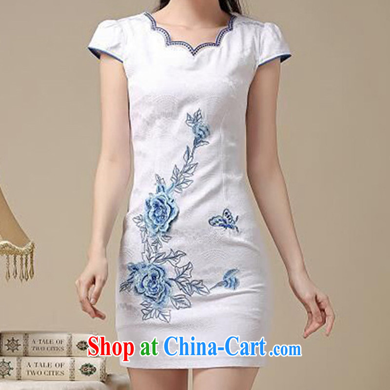Los Angeles Summer 2015 new ladies short, cultivating embroidered cheongsam dress Blue on white flower XXL, Los Angeles (ROLUZEE), shopping on the Internet