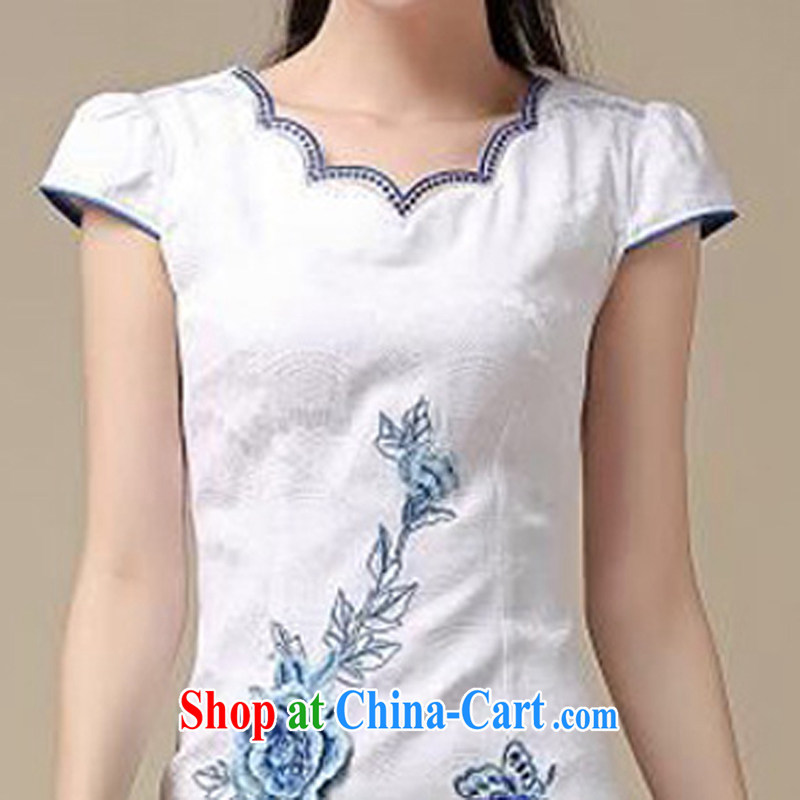 Los Angeles Summer 2015 new ladies short, cultivating embroidered cheongsam dress Blue on white flower XXL, Los Angeles (ROLUZEE), shopping on the Internet