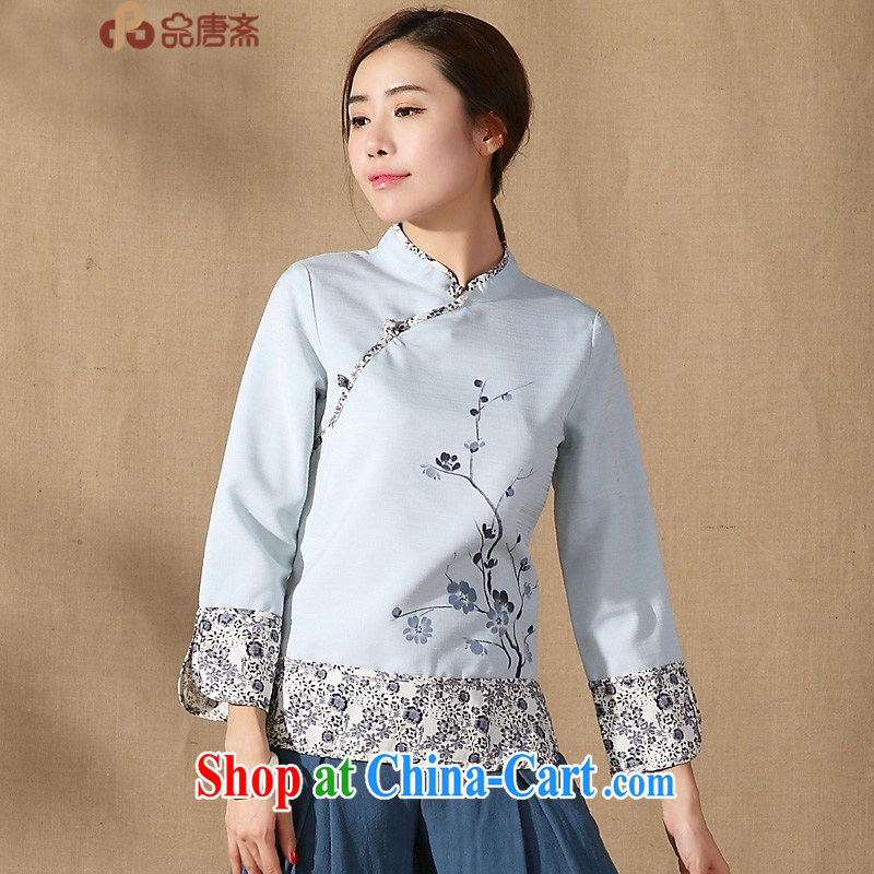 Mr Henry Tang, Ramadan 2015 spring new Chinese, Chinese clothing, for improved long-sleeved clothing, qipao T-shirt light blue XXL