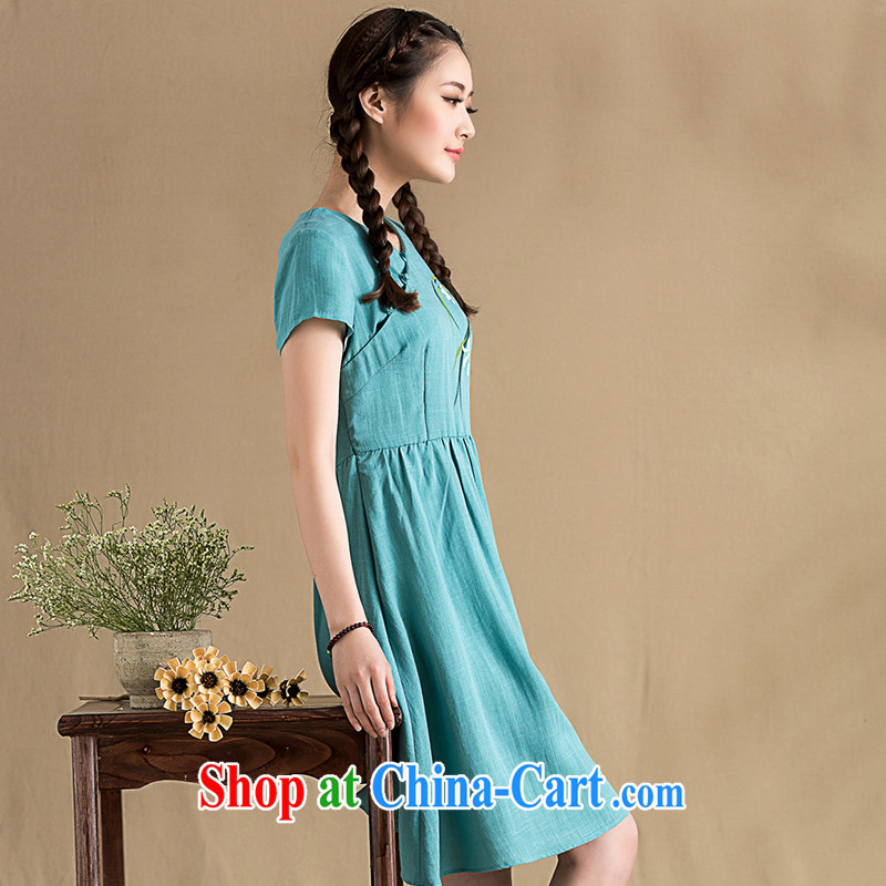 royal seal on the original 2015 spring literary and artistic works, Retro cheongsam dress, daily short-sleeved V for female short blue XXL seal, Yin Yue, shopping on the Internet