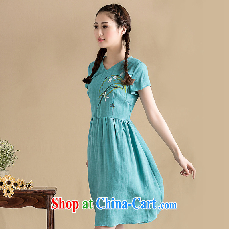 royal seal on the original 2015 spring literary and artistic works, Retro cheongsam dress, daily short-sleeved V for female short blue XXL seal, Yin Yue, shopping on the Internet