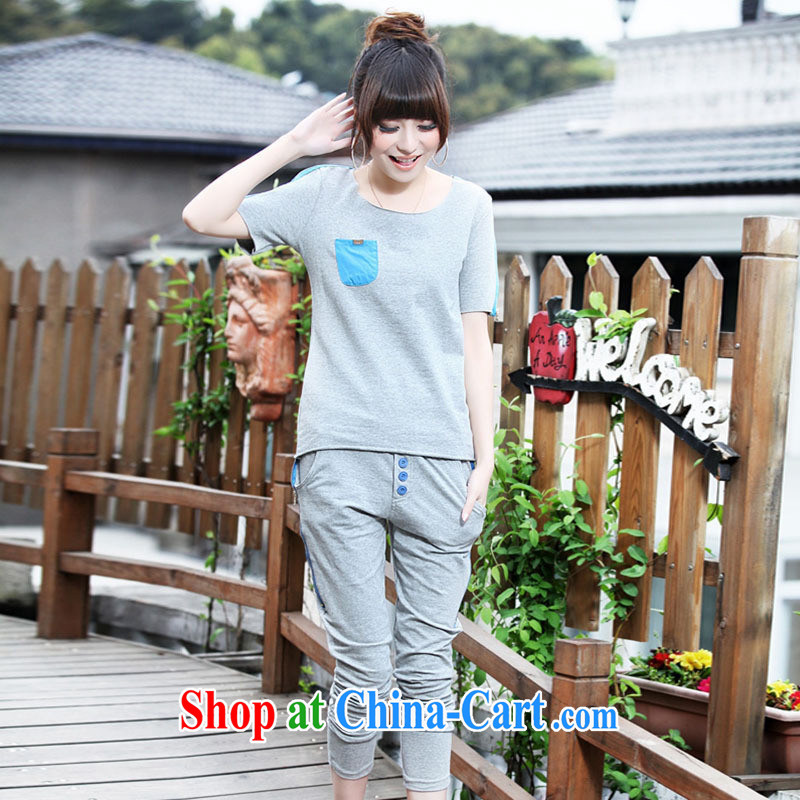 Ya-ting store 2015 summer new female simple plain colored short-sleeved cultivating two-piece pants T shirt girls and stylish cotton blue L, blue rain bow, and shopping on the Internet
