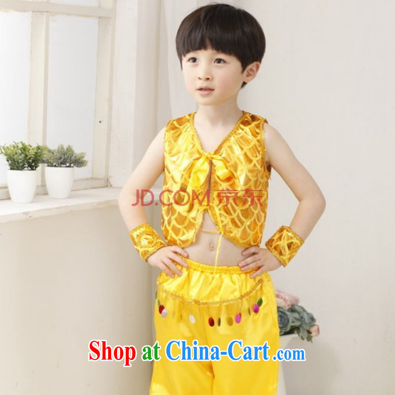 He Jing Ge children Chinese qipao two-piece children's Chinese package men's performance service exercise clothing - A yellow height 130 CM, Jing Ge, shopping on the Internet