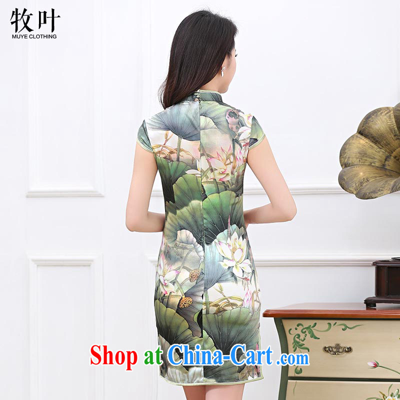The leaf 2015 summer new literature and art, short-sleeved the waist graphics gaunt the Silk Cheongsam Lotus Pond XXL, leaf (muye), and, shopping on the Internet
