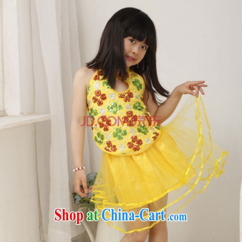 He Jing Ge children Chinese qipao Bong-tail small dress children's Chinese Dress women's clothing show clothing dress - A yellow height 120 CM, Jing Ge, shopping on the Internet