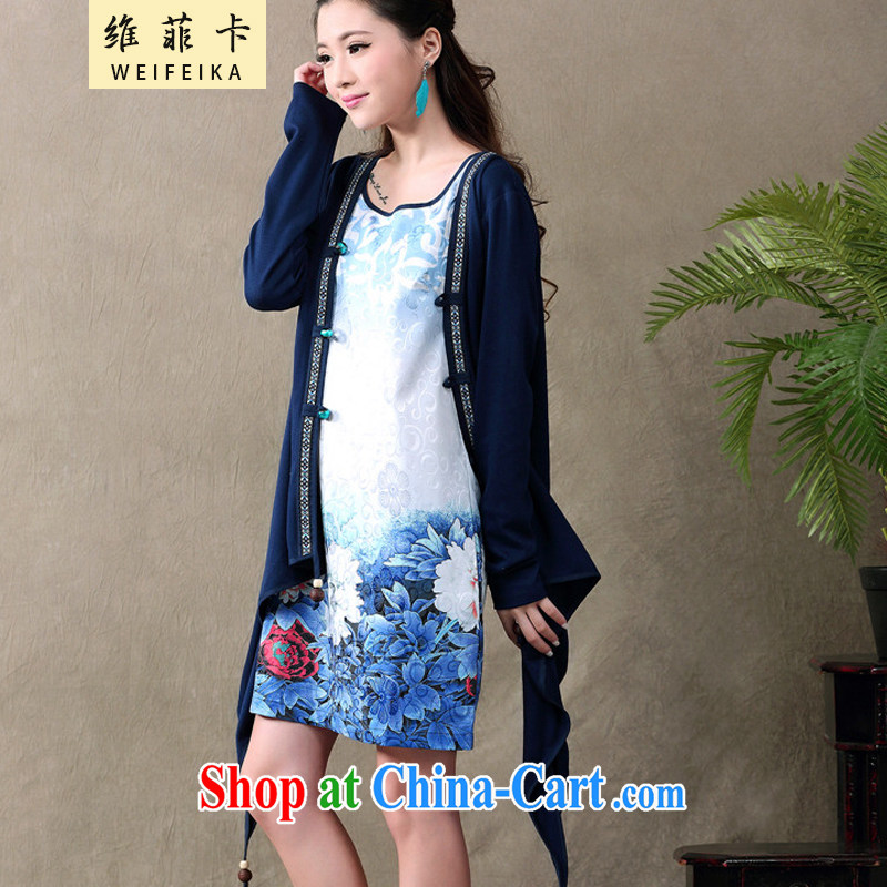 D , the 2015 summer new ethnic wind antique dresses Web yarn stamp long-sleeved dress two-piece female blue XXL