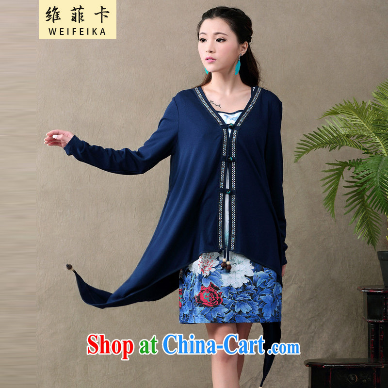 D , the 2015 summer new ethnic wind antique dresses Web yarn stamp long-sleeved dress two-piece female blue XXL, the Philippine card (WEIFEIKA), online shopping