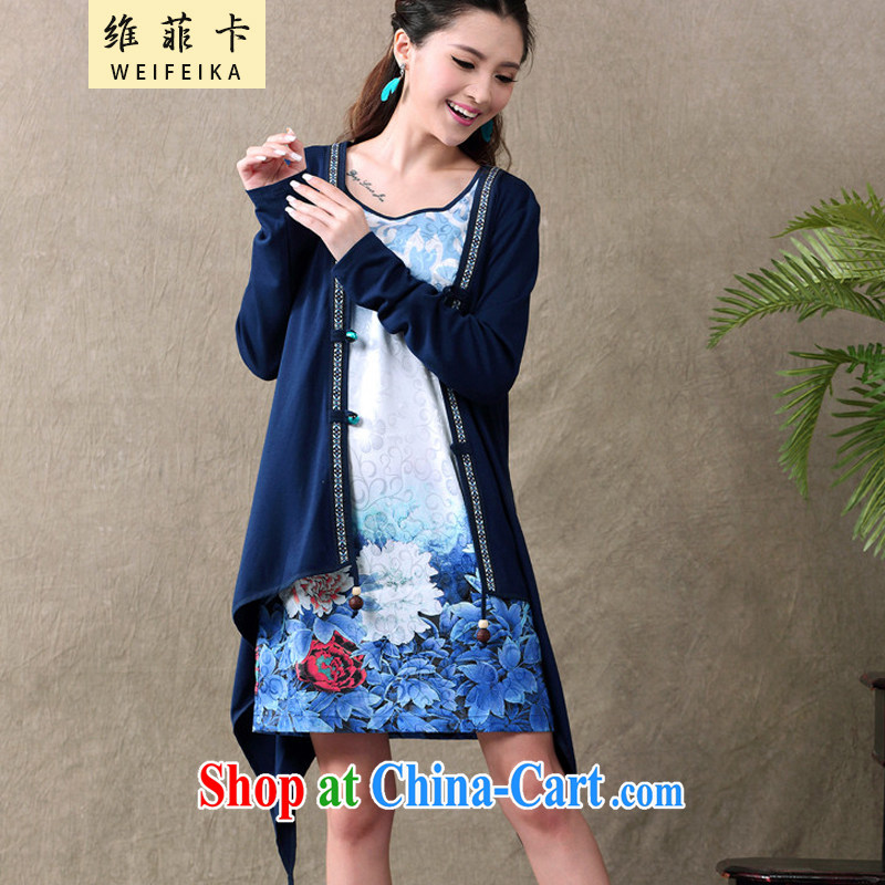 D , the 2015 summer new ethnic wind antique dresses Web yarn stamp long-sleeved dress two-piece female blue XXL, the Philippine card (WEIFEIKA), online shopping