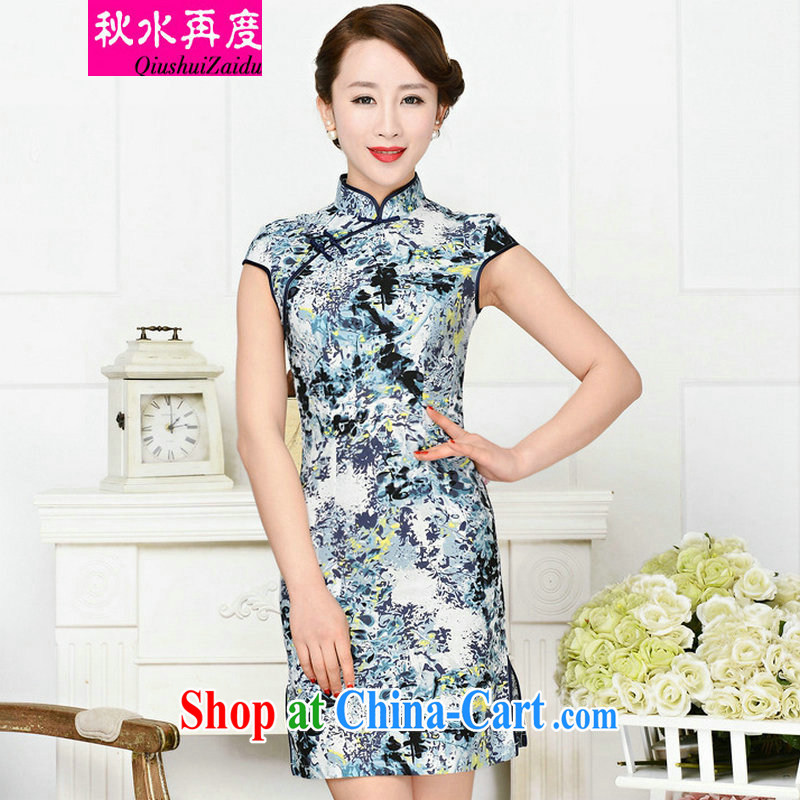 TAKES FOREVER re-dresses summer pack and dress in summer older female summer, short-sleeved qipao improved short skirt low on the truck load mother dresses gray and her husband blue floral S