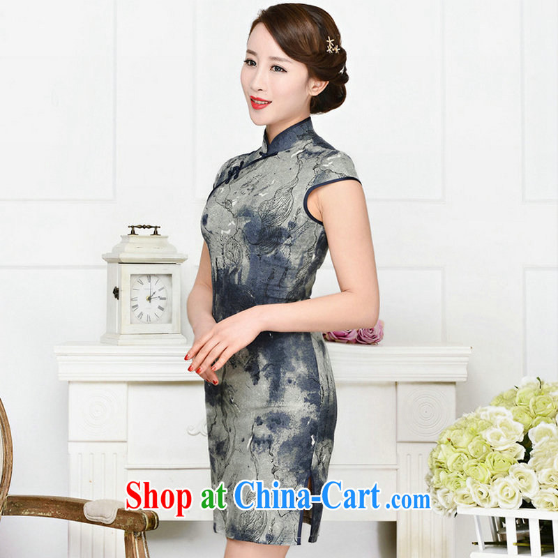 TAKES FOREVER re-dresses summer pack and skirt, older women summer, short-sleeved qipao improved short skirt low on the truck load mother dresses gray and her husband blue floral S takes forever, once again, on-line shopping