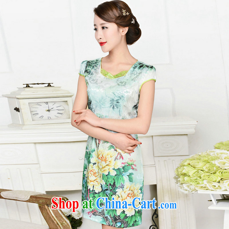 The sub-cabinet dresses summer pack and dress in summer older female summer, short-sleeved qipao improved short skirt low on the truck with her mother dress pink flower peony flowers XXL, western sub-cabinet, and shopping on the Internet