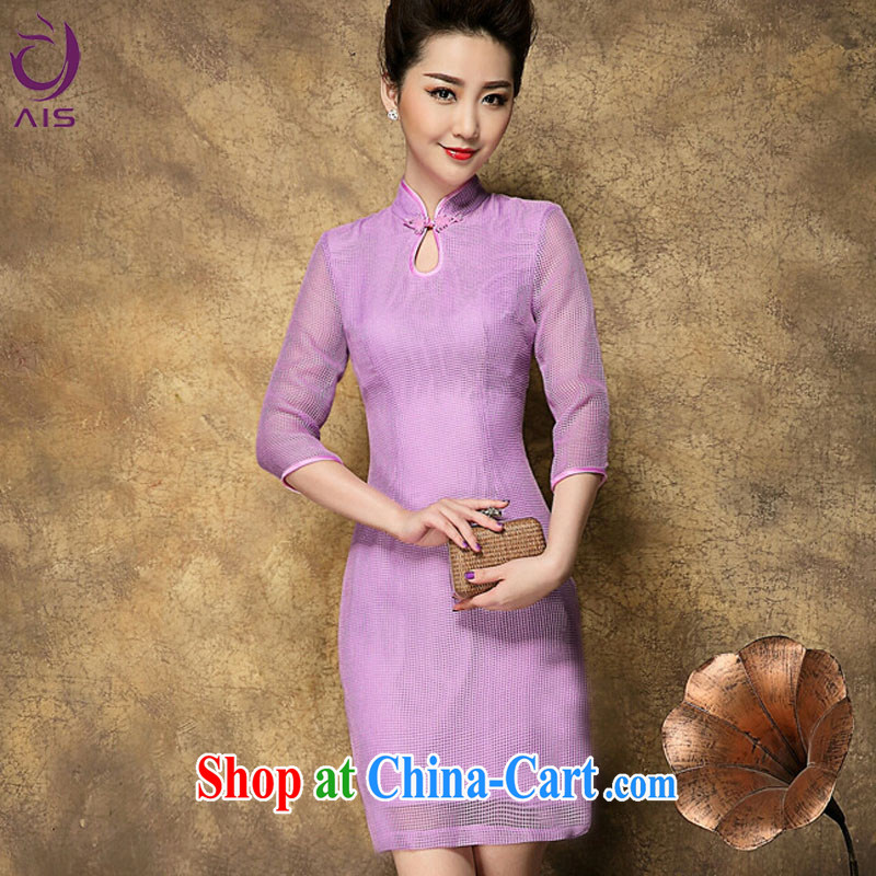 Still, the 2015 summer new, older mothers in tartan cuff Web yarn dresses ethnic daily Chinese qipao light purple L