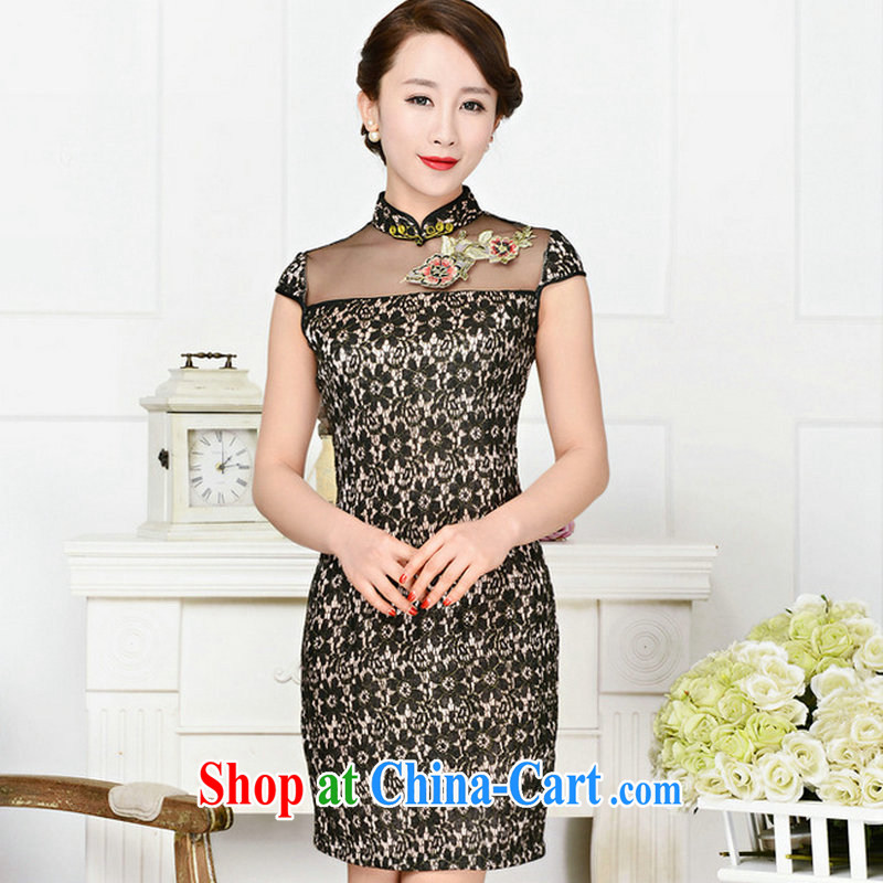 The sub-cabinet dresses summer pack and dress in summer older female summer, short-sleeved qipao improved short skirt low on the truck load mother dress black lace two flower Peony flower XXL, western sub-cabinet, and shopping on the Internet