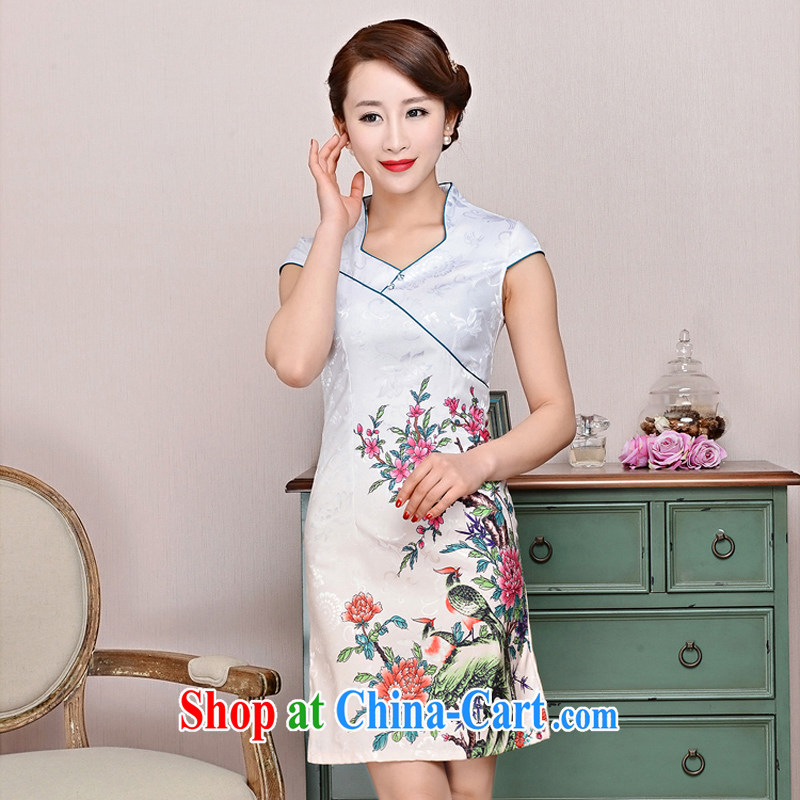 The sub-cabinet dresses summer pack and dress in summer older female summer, short-sleeved qipao improved short skirt low on the truck load mother dresses White Peacock peony flowers XXL, western sub-cabinet, and shopping on the Internet