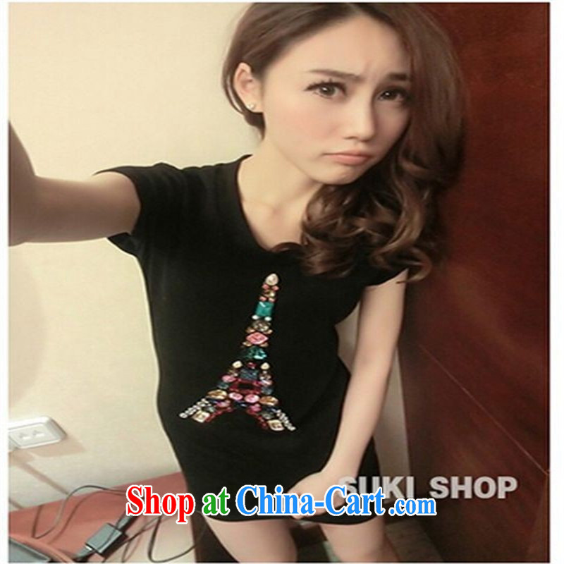 Qin Qing Store months new vest wind in Europe and precious stones Eiffel Tower decorated with short-sleeved long T shirt dark gray are code, GENYARD, shopping on the Internet