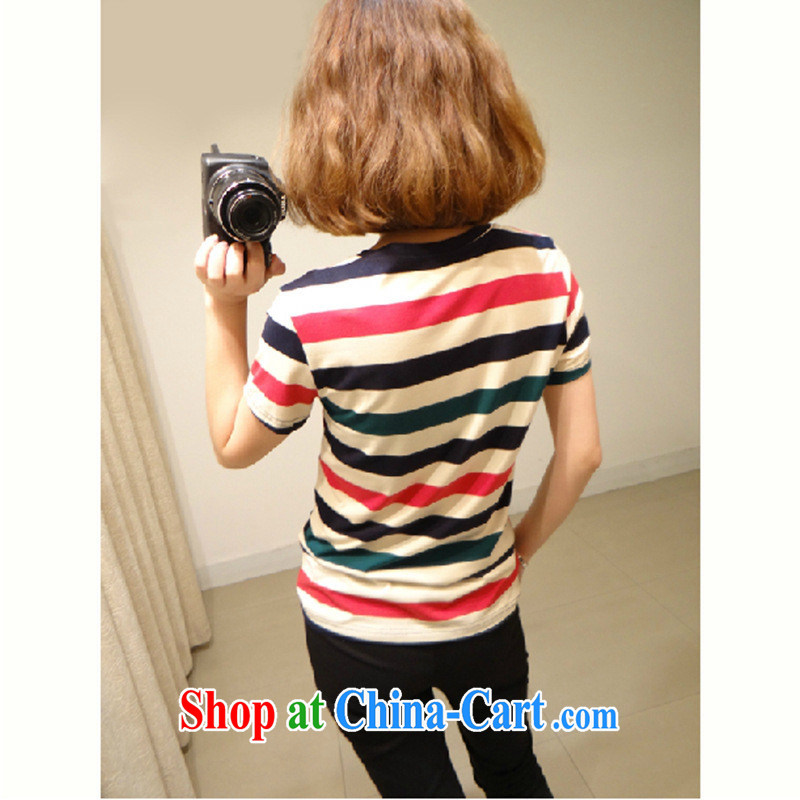 Qin Qing store #summer new Korean female and stylish 100 ground cultivating graphics thin stripes short sleeve shirt T solid shirt stripes XL, GENYARD, shopping on the Internet