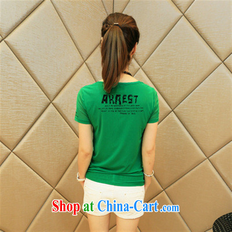 Qin Qing store #Korean fashion stamp rivets video thin short-sleeve girls T-shirt T-shirt women, female Green XXL, GENYARD, shopping on the Internet