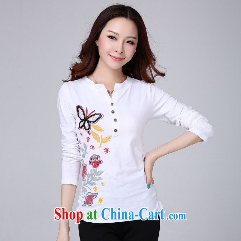 Deloitte Touche Tohmatsu store sunny spring new women who decorated ground 100 V collar butterfly manually staple Pearl cotton long-sleeved T-shirt and fresh white XXL, GENYARD, shopping on the Internet
