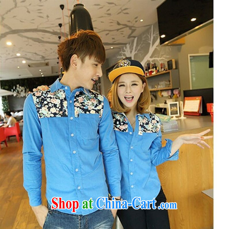 Qin Qing Store months The New floral stitching long-sleeved retro couples with corduroy shirt denim blue XXL, GENYARD, shopping on the Internet