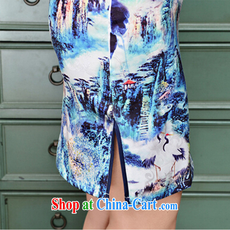 Refreshing new Ethnic Wind and elegant low on the truck serving toast improved cheongsam dress summer T-shirt dresses female black collar, crane figure XXL, fresh air, and shopping on the Internet
