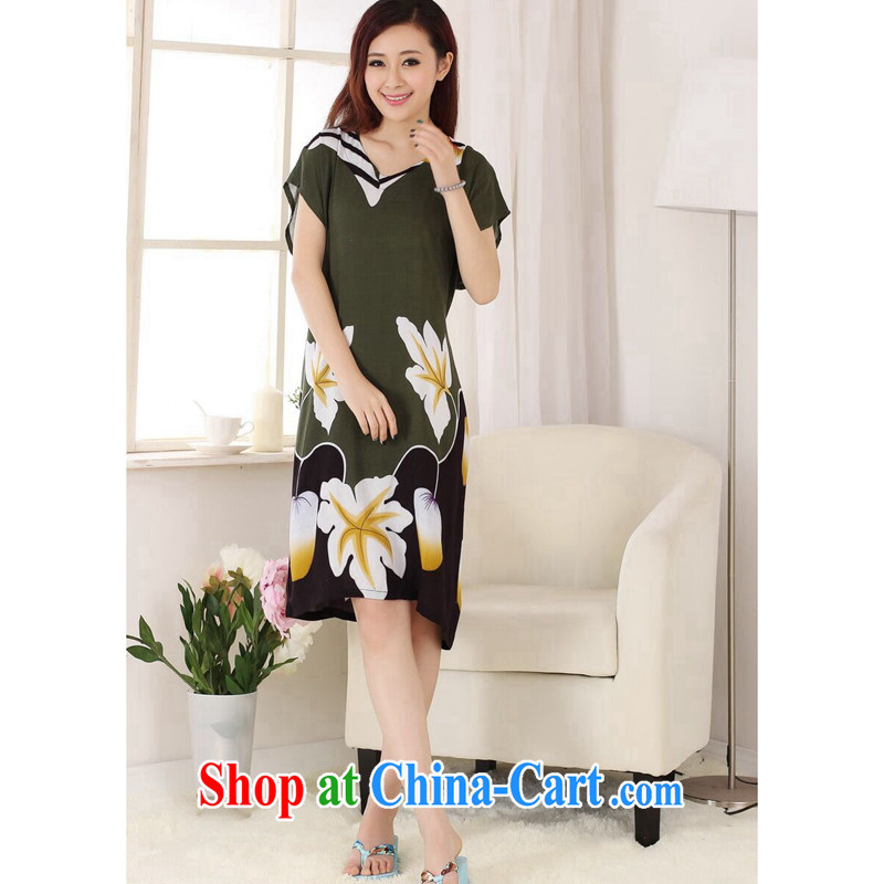 spend the summer with new female Chinese pajamas V collar hand-painted cotton, long, loose short-sleeved bathrobe dresses - A pickles are green, Dan smoke, shopping on the Internet