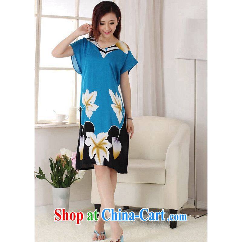 spend the summer with new female Chinese pajamas V collar hand-painted cotton, long, loose short-sleeved bathrobe dress blue lake are code, spend figure, and shopping on the Internet