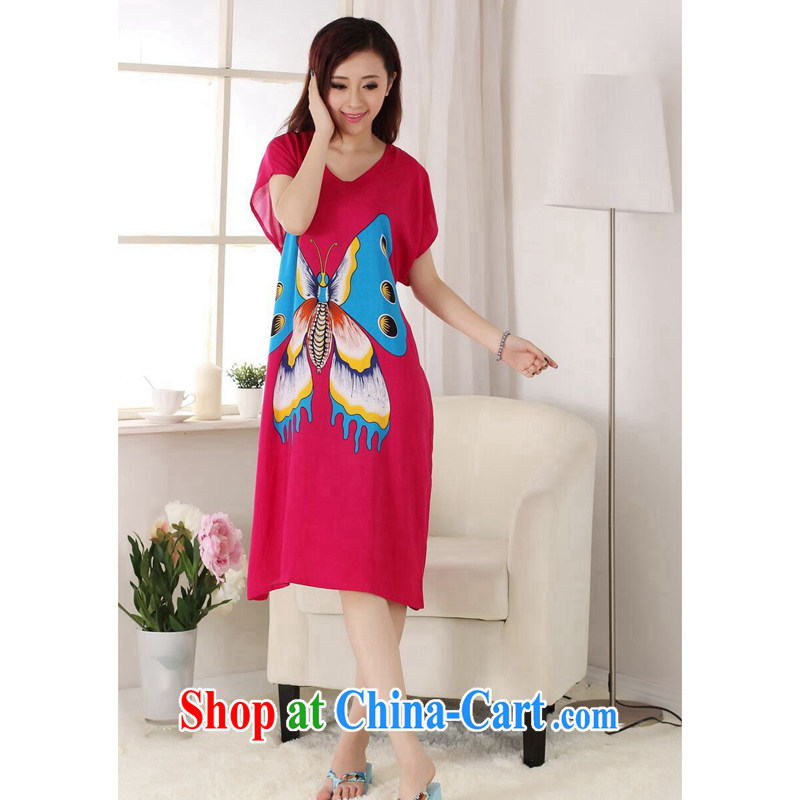 Take the Chinese pajamas ladies summer wear new V collar hand-painted cotton, long, short-sleeved bathrobe dresses of red, code, and a figure, online shopping