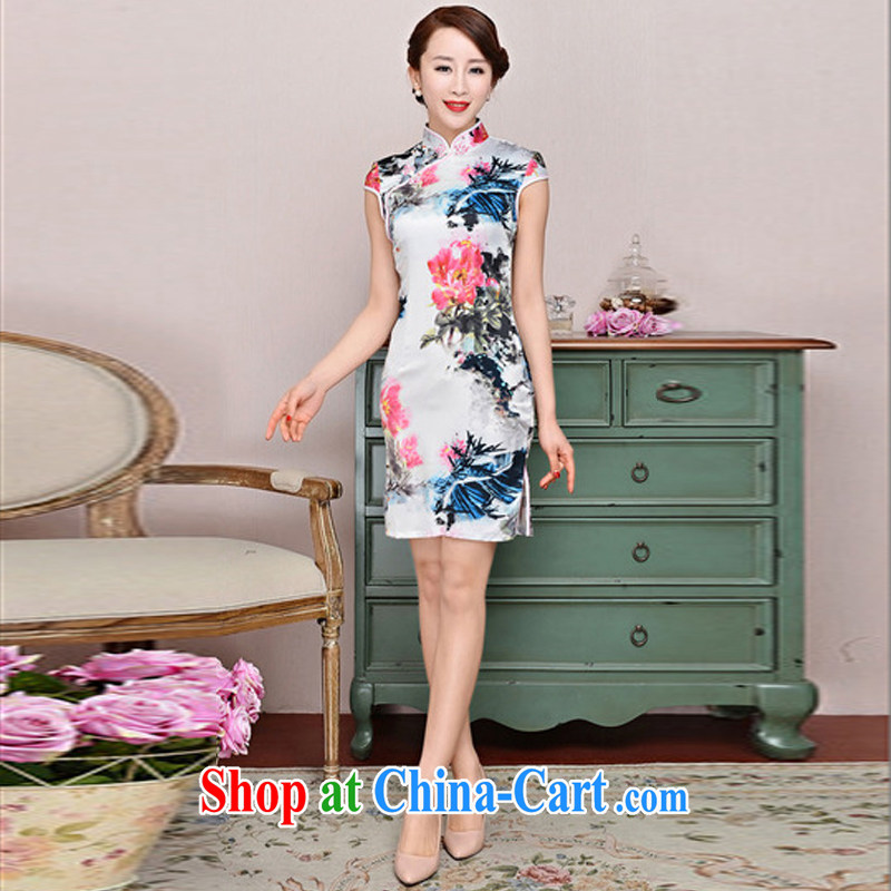 Hot beautiful lady summer 2015 new short cheongsam floral short-sleeved low-power's Black on White Red Peony antique dresses White Red Peony XXL, fiery beautiful lady, and, shopping on the Internet