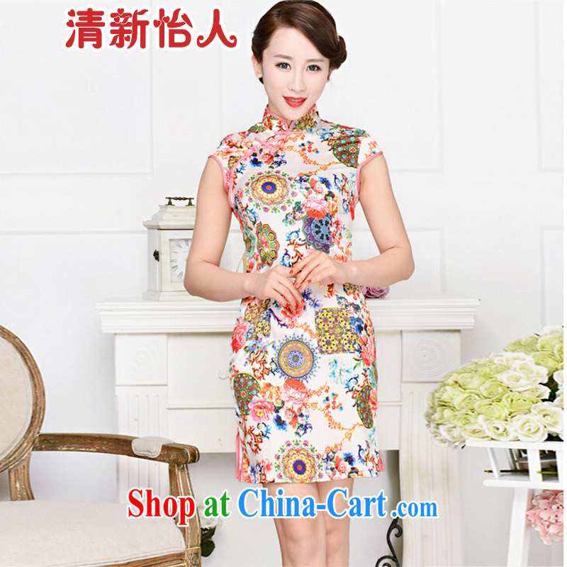 Refreshing new Ethnic Wind and elegant low the forklift truck serving toast improved cheongsam dress summer T-shirt dress girls pink white-collar peony flowers XXL