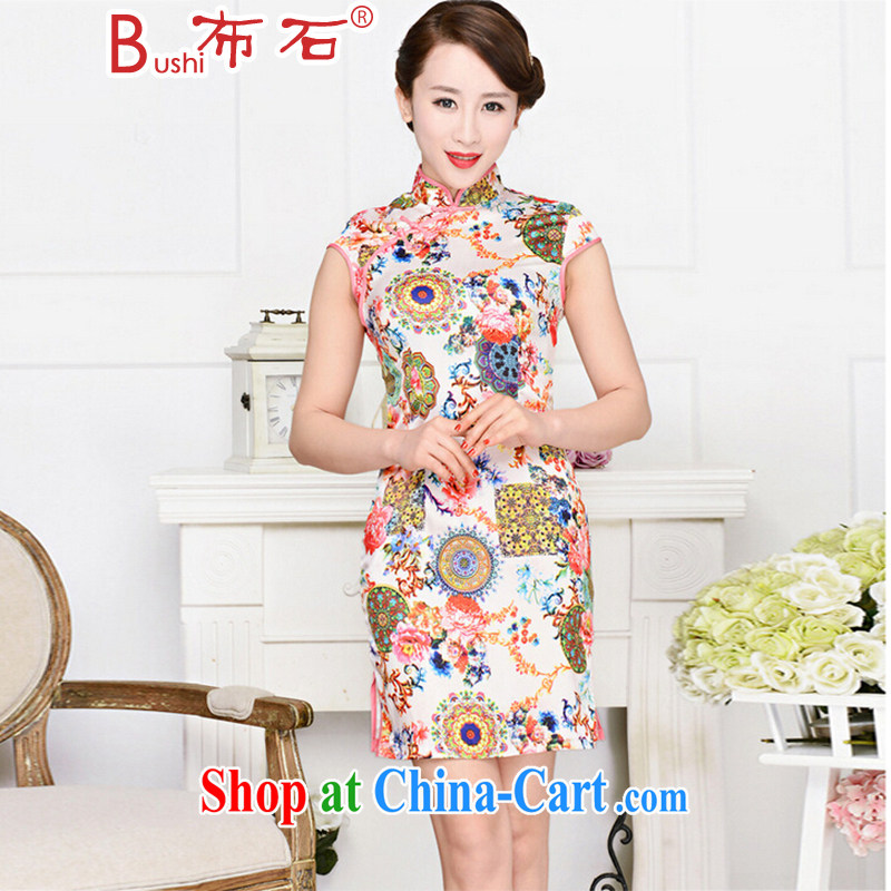 The stone new Ethnic Wind and elegant low the forklift truck serving toast improved cheongsam dress summer T-shirt dress girls pink white-collar peony flowers M