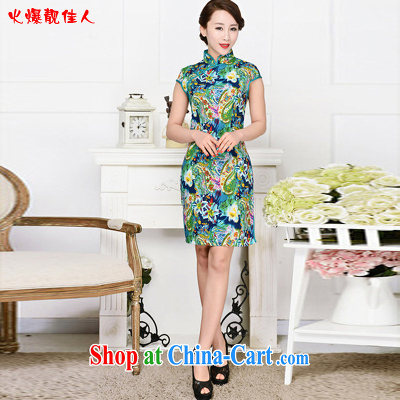 Hot beautiful lady 2015 new cheongsam dress stylish and refined antique cheongsam dress, in spring, summer dresses green collar green flower XXL, fiery beautiful lady, and shopping on the Internet