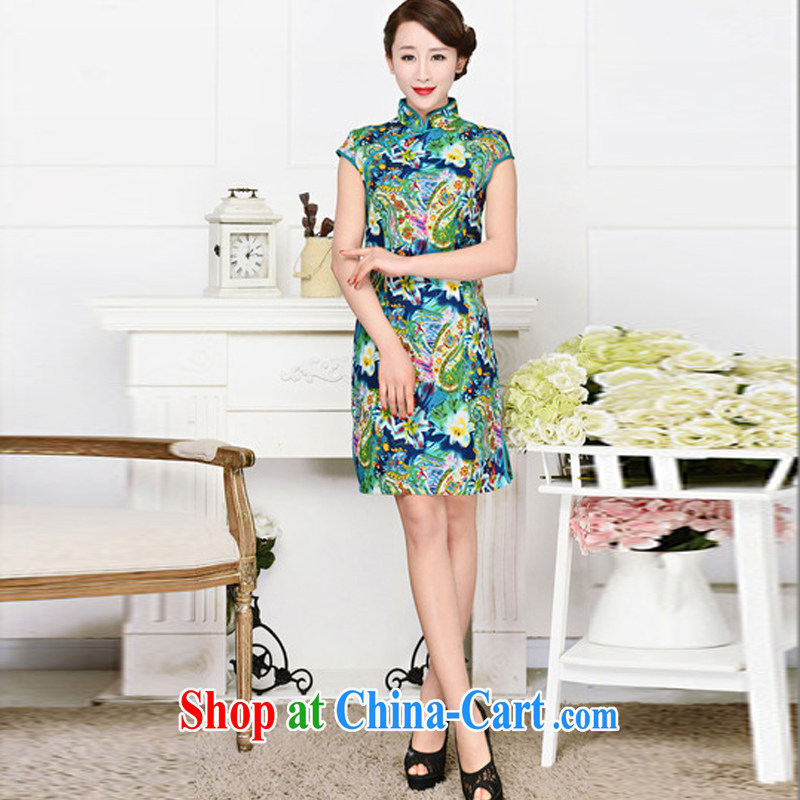 Hot beautiful lady 2015 new cheongsam dress stylish and refined antique cheongsam dress, in spring, summer dresses green collar green flower XXL, fiery beautiful lady, and shopping on the Internet