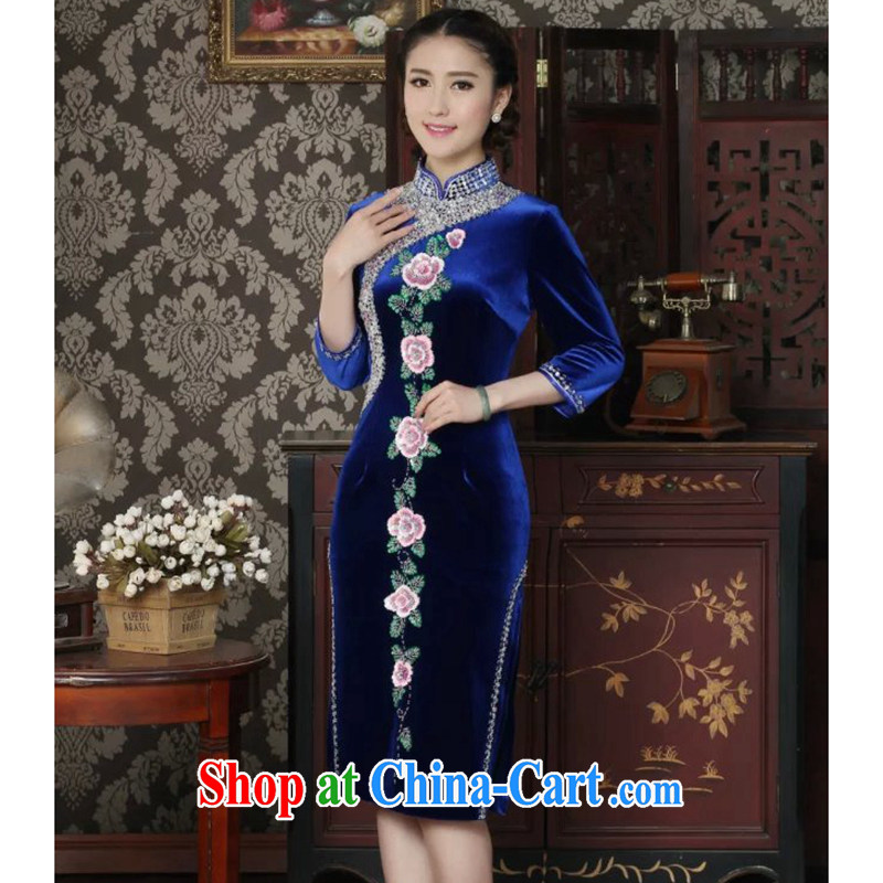 Take the cheongsam dress Chinese improved the collar wool manually the pearl elegant cheongsam embroidered banquet, qipao cuff royal blue 3 XL, spend figure, and, shopping on the Internet