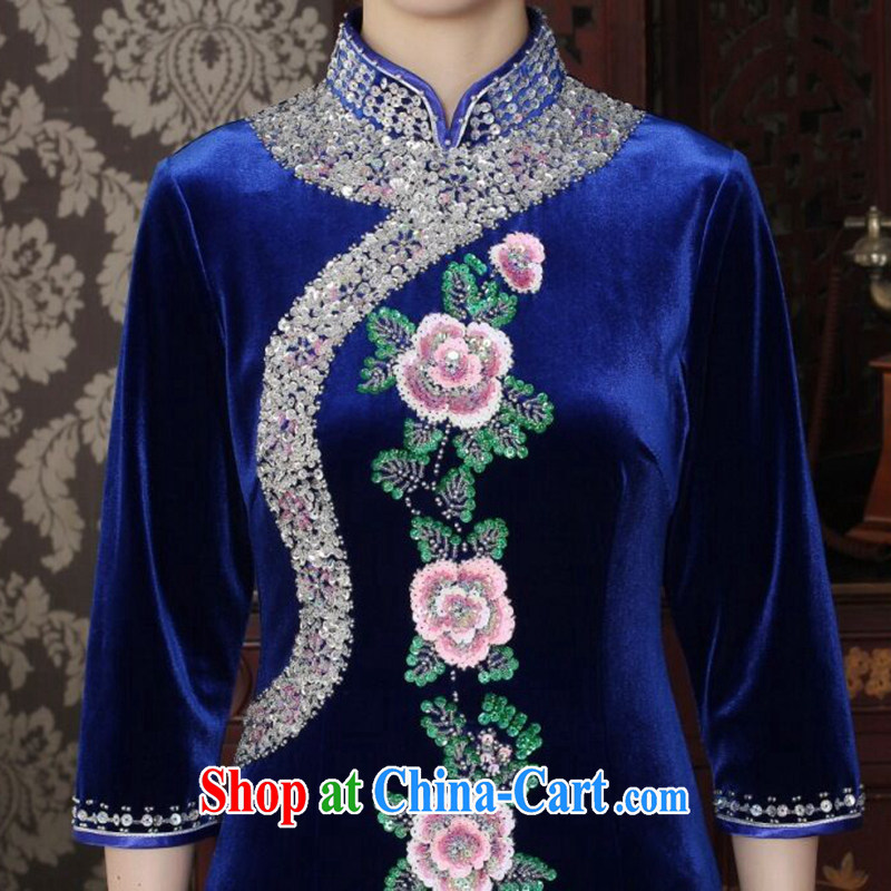 Take the cheongsam dress Chinese improved the collar wool manually the pearl elegant cheongsam embroidered banquet, qipao cuff royal blue 3 XL, spend figure, and, shopping on the Internet